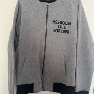 Gray Zip-Up Jacket with Black Text